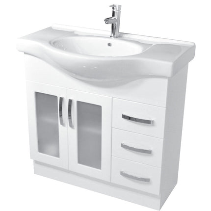 Fienza Antonio Gloss White 900 Vanity on Kickboard, Semi Recessed Basin Top , Glass Doors Right Drawers