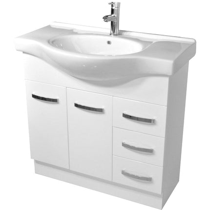 Fienza Antonio Gloss White 900 Vanity on Kickboard, Semi Recessed Basin Top , Wood Doors Right Drawers