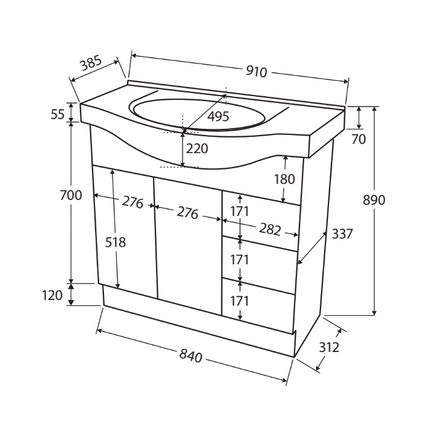 Fienza Antonio Gloss White 900 Vanity on Kickboard, Semi Recessed Basin Top ,