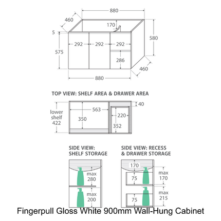 Fienza Dolce 900 Offset Wall Hung Vanity, 5 Colours, Solid Doors ,