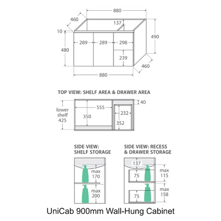 Fienza Dolce 900 Offset Wall Hung Vanity, 5 Colours, Solid Doors ,