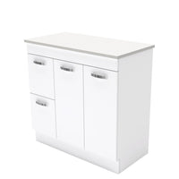 Fienza UniCab Gloss White 900 Cabinet on Kickboard, Solid Doors , Cabinet Only Left Hand Drawer