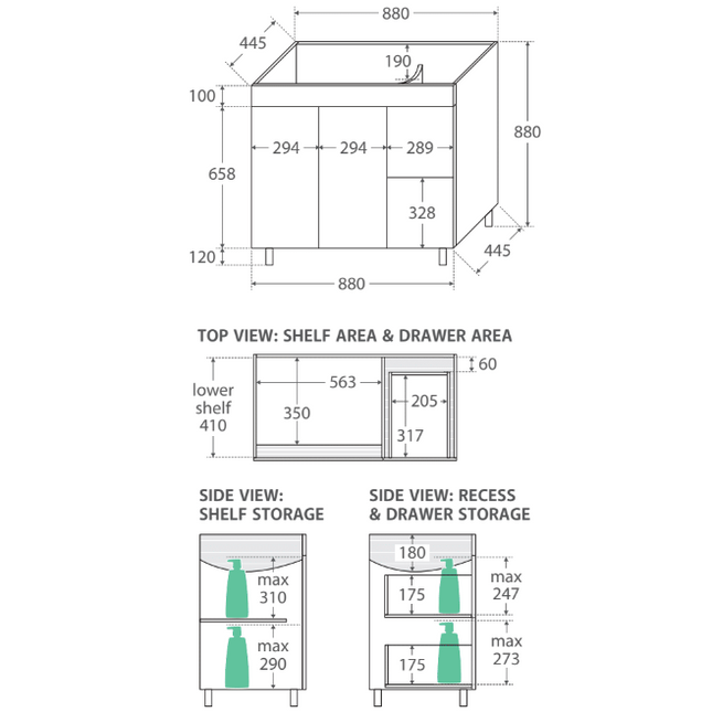 Fienza UniCab 900 Gloss White Cabinet on Legs, Left Hand Drawers, Solid Doors ,