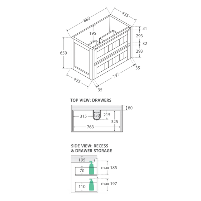 Fienza Hampton Satin White 900 Wall Hung Cabinet, 2 Solid Drawers ,