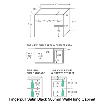 Fienza Dolce 900 Offset Wall Hung Vanity, 5 Colours, Solid Doors ,