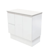 Fienza Fingerpull Satin White 900 Cabinet on Kickboard, Solid Doors , Cabinet Only Left Hand Drawer