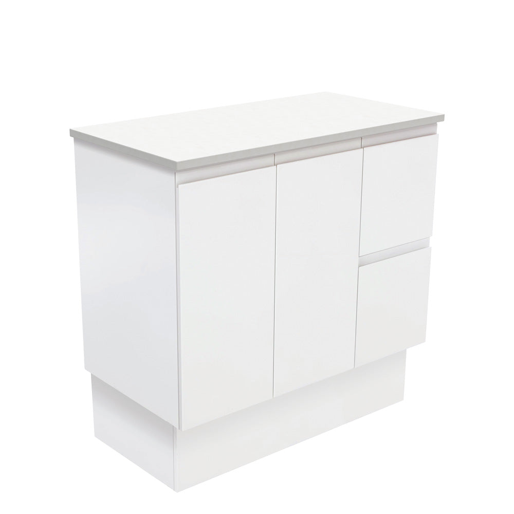 Fienza Fingerpull Satin White 900 Cabinet on Kickboard, Solid Doors , Cabinet Only Right Hand Drawer