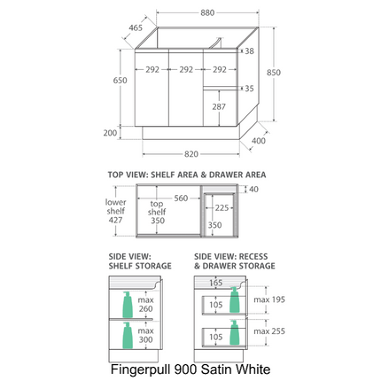 Fienza Dolce 900 Offset Vanity on Kickboard, 5 Colours, 1 Tap Hole ,