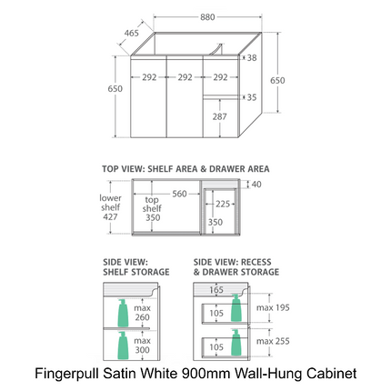 Fienza Dolce 900 Offset Wall Hung Vanity, 5 Colours, Solid Doors ,