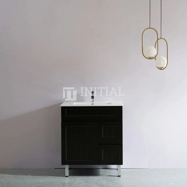 Modern Shaker Matt Black Freestanding Floor Vanity Cabinet & Ceramic Top Right Hand Drawer 750X460X860 ,