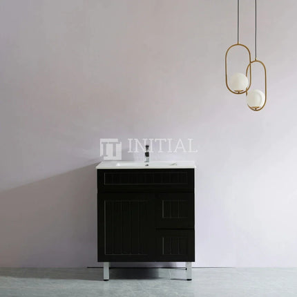 Modern Shaker Matt Black Freestanding Floor Vanity Cabinet & Ceramic Top Right Hand Drawer 750X460X860 ,