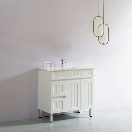 Modern Shaker Matt White Freestanding Floor Vanity Cabinet & Ceramic Top Left Hand Drawer 900X460X860 ,