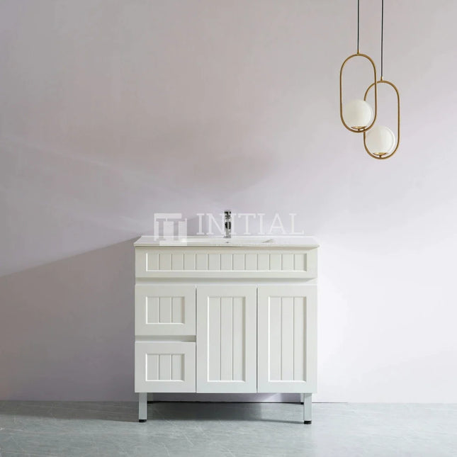 Modern Shaker Matt White Freestanding Floor Vanity Cabinet & Ceramic Top Left Hand Drawer 900X460X860 ,