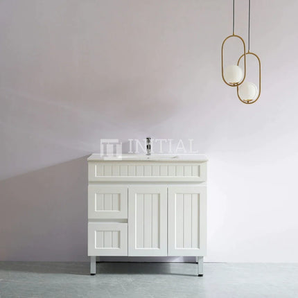 Modern Shaker Matt White Freestanding Floor Vanity Cabinet & Ceramic Top Left Hand Drawer 900X460X860 ,