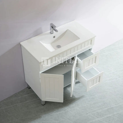 Modern Shaker Matt White Freestanding Floor Vanity Cabinet & Ceramic Top Right Hand Drawer 900X460X860 ,