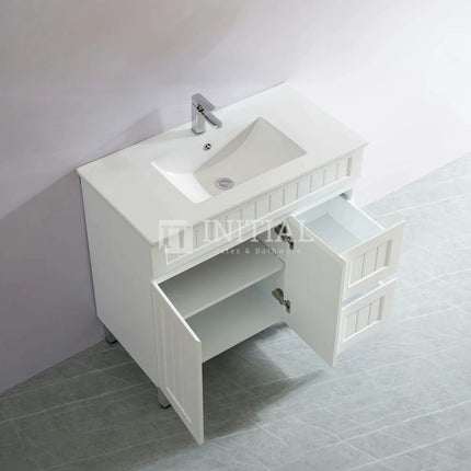 Modern Shaker Matt White Freestanding Floor Vanity Cabinet & Ceramic Top Right Hand Drawer 900X460X860 ,