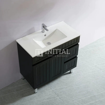 Modern Shaker Matt Black Freestanding Floor Vanity Cabinet & Ceramic Top Right Hand Drawer 900X460X860 ,