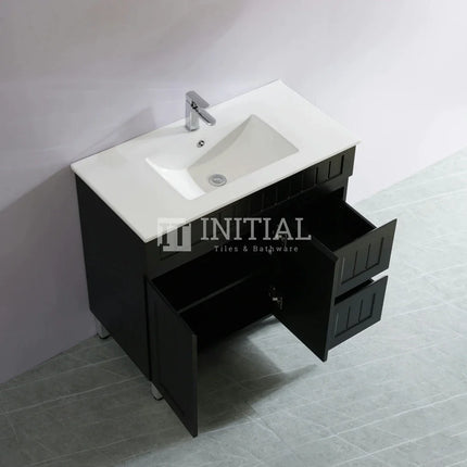 Modern Shaker Matt Black Freestanding Floor Vanity Cabinet & Ceramic Top Right Hand Drawer 900X460X860 ,
