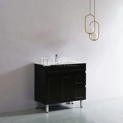 Modern Shaker Matt Black Freestanding Floor Vanity Cabinet & Ceramic Top Right Hand Drawer 900X460X860 ,