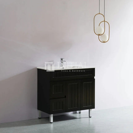 Modern Shaker Matt Black Freestanding Floor Vanity Cabinet & Ceramic Top Left Hand Drawer 900X460X860 ,