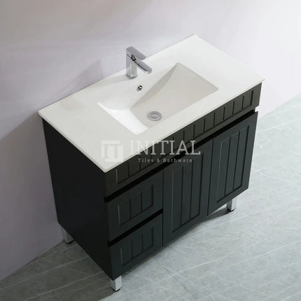 Modern Shaker Matt Black Freestanding Floor Vanity Cabinet & Ceramic Top Left Hand Drawer 900X460X860 ,
