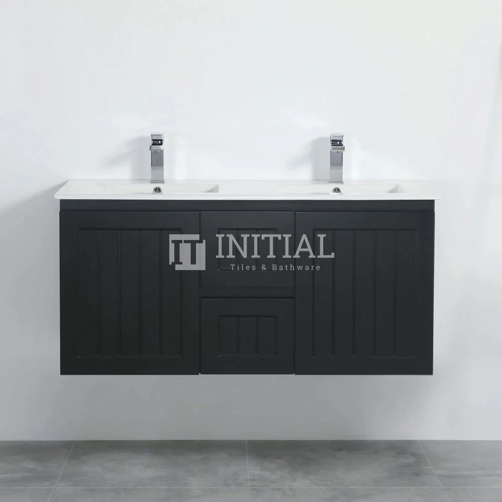 Modern Shaker Matt Black Wall Hung Vanity Cabinet Only & Ceramic Top Available Double Bowl 1190W X 450H X 560D ,