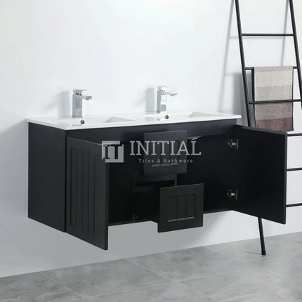Modern Shaker Matt Black Wall Hung Vanity Cabinet Only & Ceramic Top Available Double Bowl 1190W X 450H X 560D ,