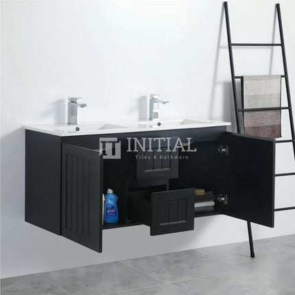 Modern Shaker Matt Black Wall Hung Vanity Cabinet Only & Ceramic Top Available Double Bowl 1190W X 450H X 560D ,