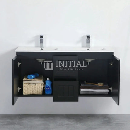 Modern Shaker Matt Black Wall Hung Vanity Cabinet Only & Ceramic Top Available Double Bowl 1190W X 450H X 560D ,