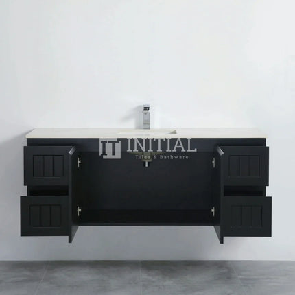 Modern Shaker Matt Black Wall Hung Vanity Cabinet & Ceramic Top Single Bowl 1490W X 450H X 560D ,