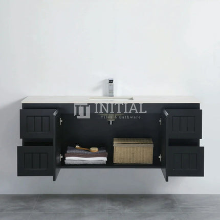 Modern Shaker Matt Black Wall Hung Vanity Cabinet & Ceramic Top Single Bowl 1490W X 450H X 560D ,