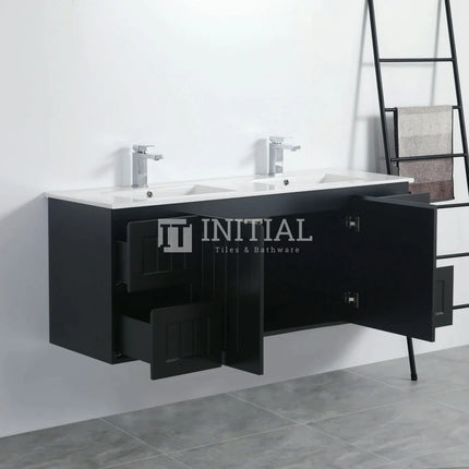 Modern Shaker Matt Black Wall Hung Vanity Cabinet & Ceramic Top Single Bowl 1490W X 450H X 560D ,