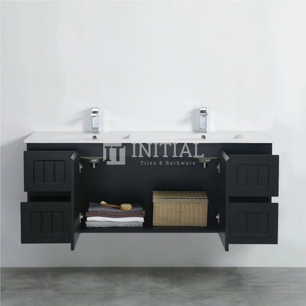 Modern Shaker Matt Black Wall Hung Vanity Cabinet & Ceramic Top Double Bowl 1490W X 450H X 560D ,
