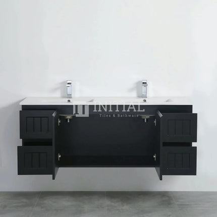 Modern Shaker Matt Black Wall Hung Vanity Cabinet & Ceramic Top Double Bowl 1490W X 450H X 560D ,