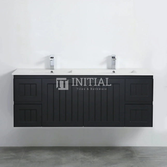 Modern Shaker Matt Black Wall Hung Vanity Cabinet & Ceramic Top Double Bowl 1490W X 450H X 560D ,