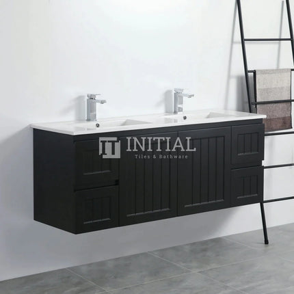 Modern Shaker Matt Black Wall Hung Vanity Cabinet & Ceramic Top Double Bowl 1490W X 450H X 560D ,