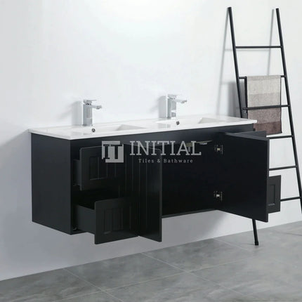 Modern Shaker Matt Black Wall Hung Vanity Cabinet & Ceramic Top Double Bowl 1490W X 450H X 560D ,