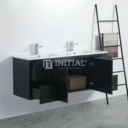 Modern Shaker Matt Black Wall Hung Vanity Cabinet & Ceramic Top Double Bowl 1490W X 450H X 560D ,