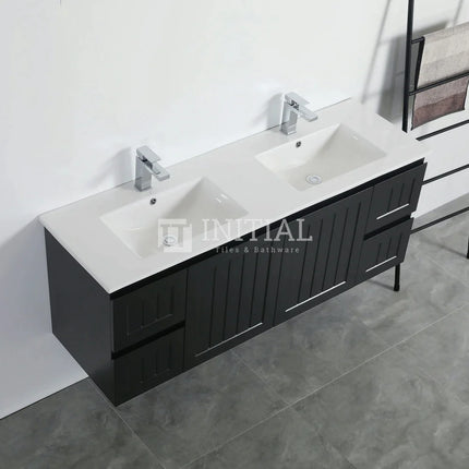 Modern Shaker Matt Black Wall Hung Vanity Cabinet & Ceramic Top Double Bowl 1490W X 450H X 560D ,