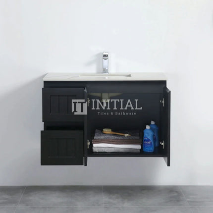 890W X 450H X 560D Modern Shaker Matt Black Wall Hung Vanity Left Drawer Cabinet Only & Ceramic Top Available ,
