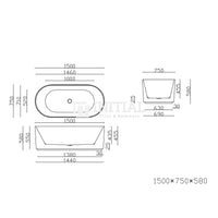 Ally Groove 1500 Gloss White Fluted Freestanding Bathtub, Oval ,
