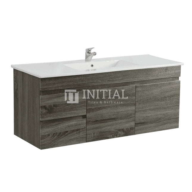 Begin Wood Grain PVC Filmed Wall Hung Vanity With 2 Doors and 2 Drawers Left Side Dark Grey 1190W X 500H X 450D ,