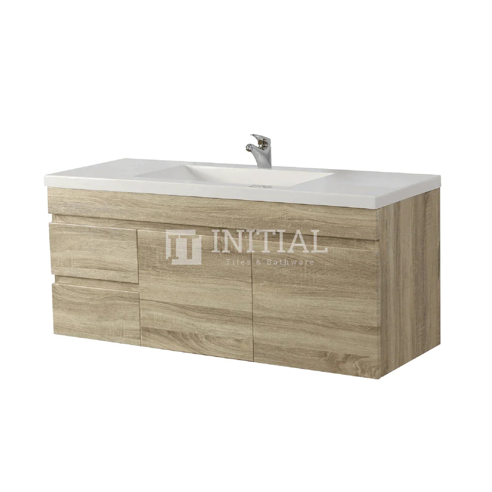 Begin Wood Grain PVC Filmed Wall Hung Vanity With 2 Doors and 2 Drawers Left Side White Oak 1190W X 500H X 450D ,