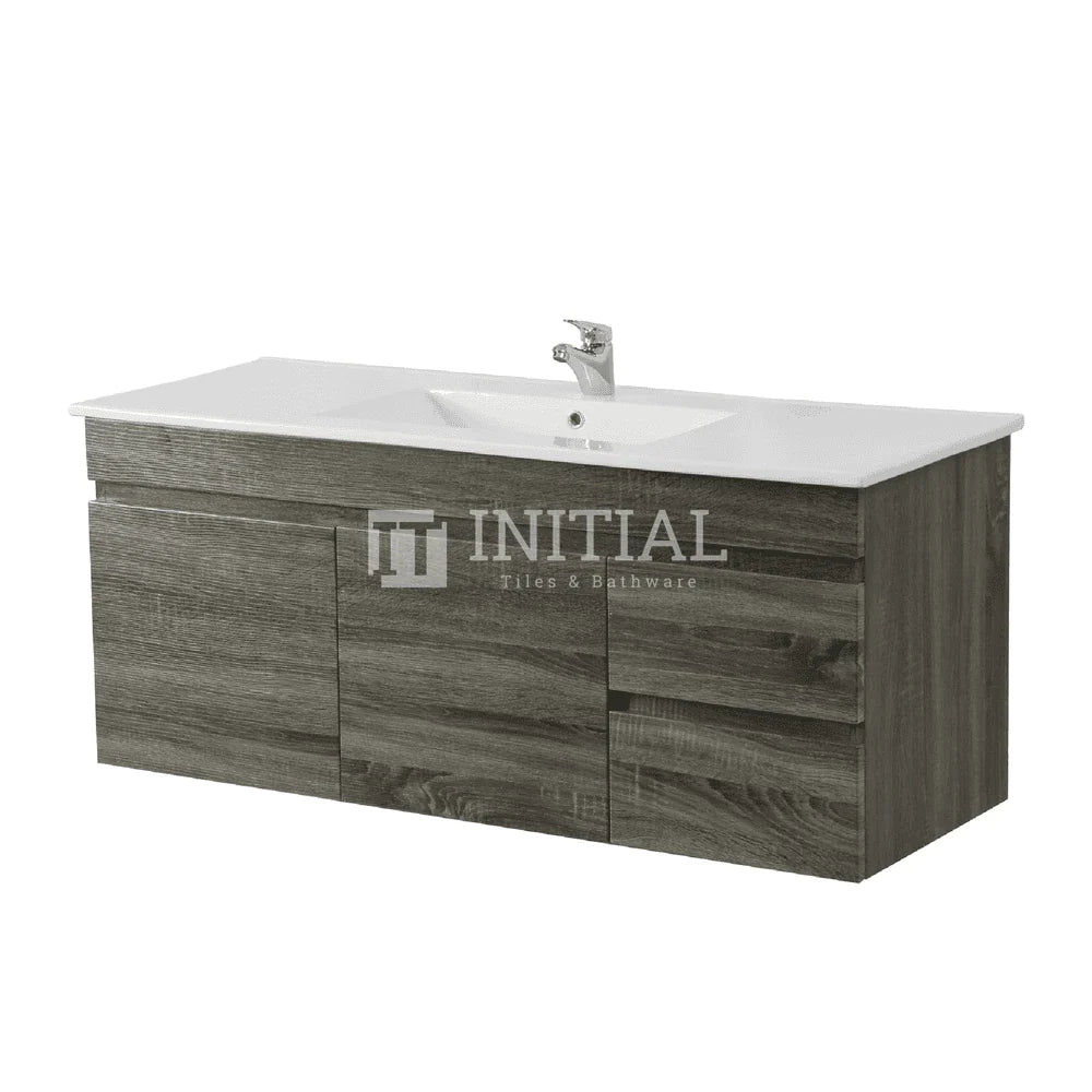 Begin Wood Grain PVC Filmed Wall Hung Vanity With 2 Doors and 2 Drawers Right Side Dark Grey 1190W X 500H X 450D ,