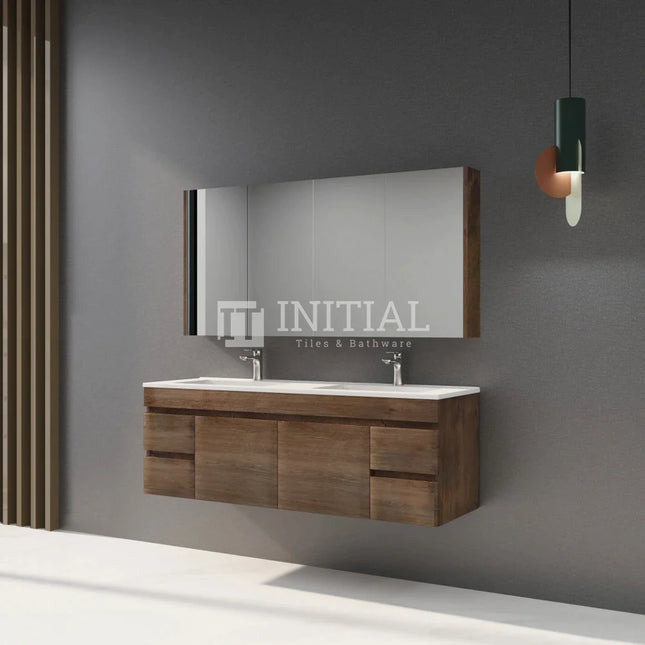 Begin 1500 Dark Oak Wood Grain MDF Wall Hung Vanity, 2 Solid Doors, 4 Drawers ,