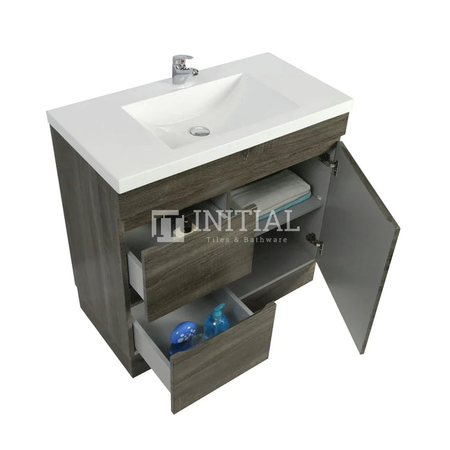 Begin Series Wood Grain PVC Filmed Freestanding Floor Vanity With 1 Door and 2 Drawers Left Side Dark Grey 740W X 830H X 450D ,