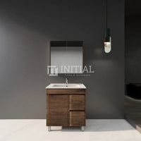 Begin 750 Dark Oak Wood Grain MDF Freestanding Vanity, 1 Solid Door, 2 Drawers , With Ceramic Top Right Drawer
