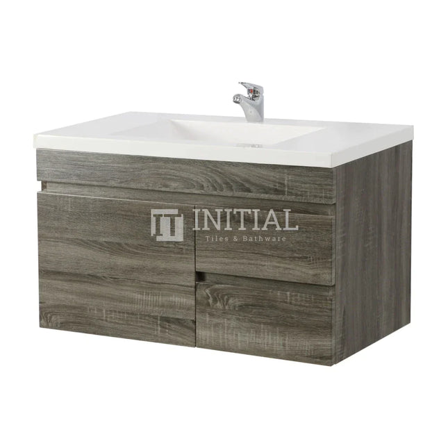 Begin Wood Grain PVC Filmed Wall Hung Vanity Right Side Dark Grey 740W X 500H X 450D ,