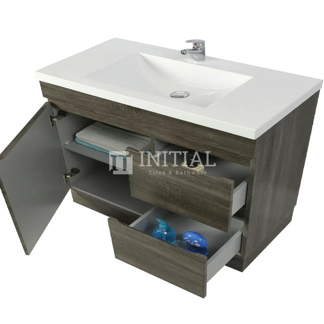 Begin Wood Grain PVC Filmed Freestanding Floor Vanity With 1 Door and 2 Drawers Right Side Dark Grey 890W X 830H X 450D ,