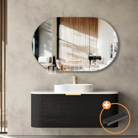 Otti Bondi Wall Hung Curve Vanity with 1 Drawer Black Oak 1200X460X450 , With Stone Top - Quartz Pure White Matte Black